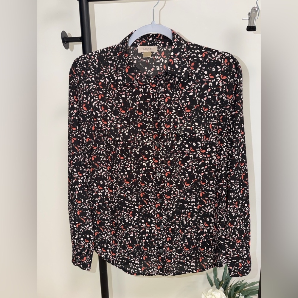 LOFT Floral Print Button Front Blouse | Size XS | Long Sleeve Workwear Top